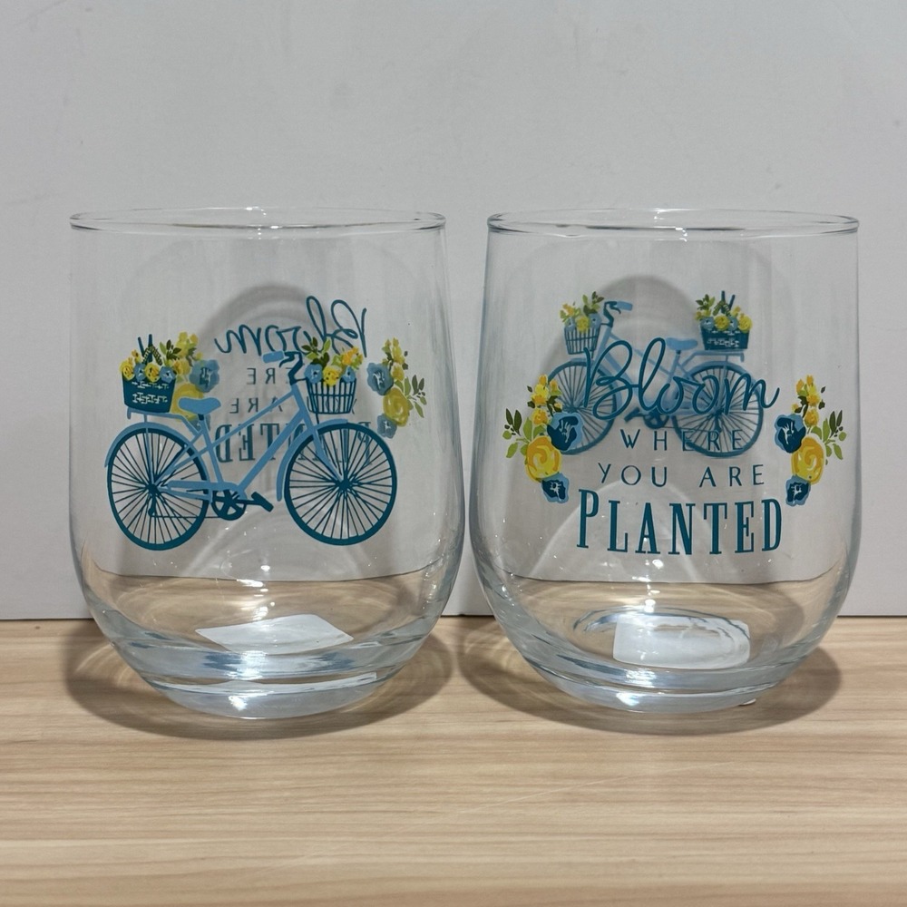 Lot of 2 Bloom Where You Are Planted Stemless Wine Glass 16.8 oz.